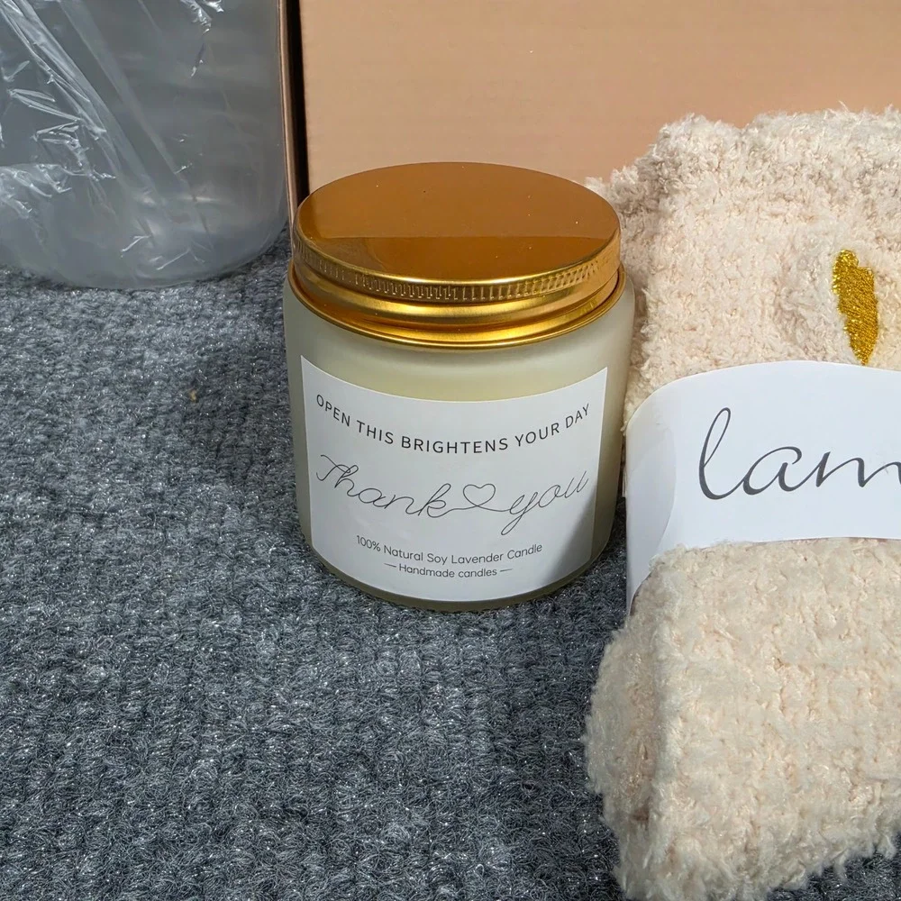 Sunflower‎ Spa Gift Set Lavender Candle Fuzzy Socks Glass Tumbler Bath Bomb Soap